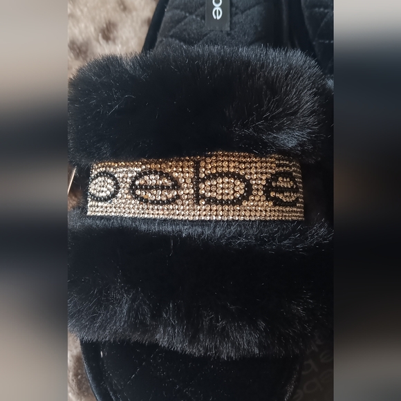 Bebe Black With Silver Rhinestone Logo Faux Fur Slippers Women's Size XL 10-11 - Picture 2 of 4